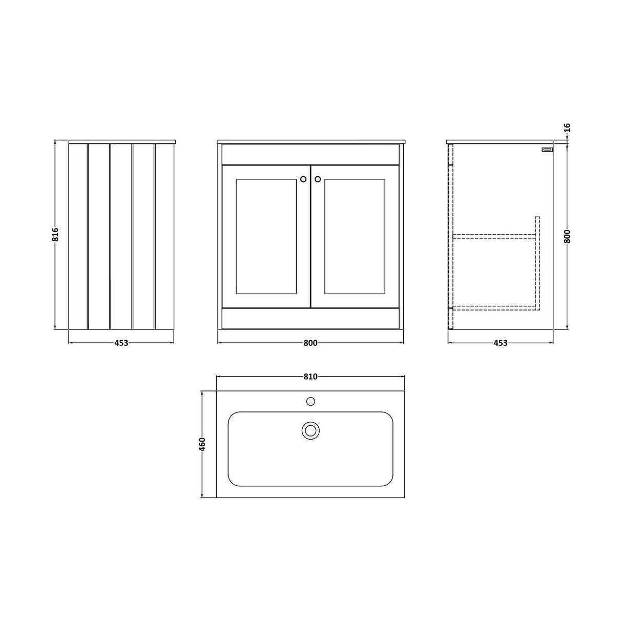 [BFHE226Q] Balterley 800mm Floor Standing 2 Door Unit & Stone Basin 1 Tap Hole - Satin Grey - Technical Drawing
