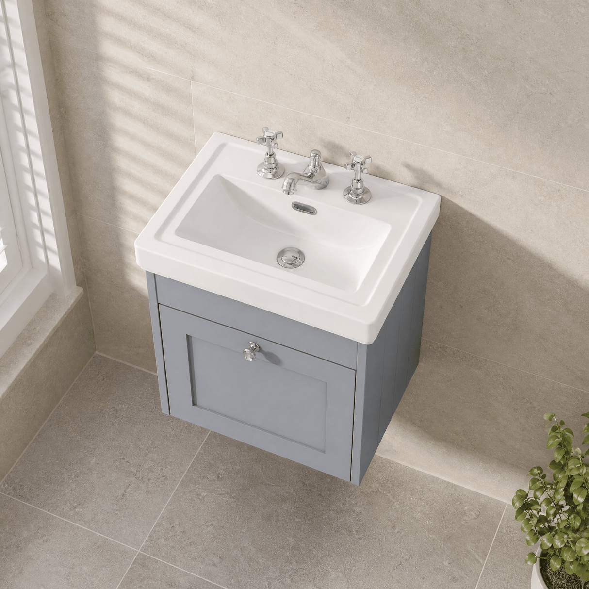 [BFHE291B] Balterley 500mm Wall Hung 1 Drawer Unit with Classic Basin 3 Tap Hole - Satin Grey - Lifestyle 2