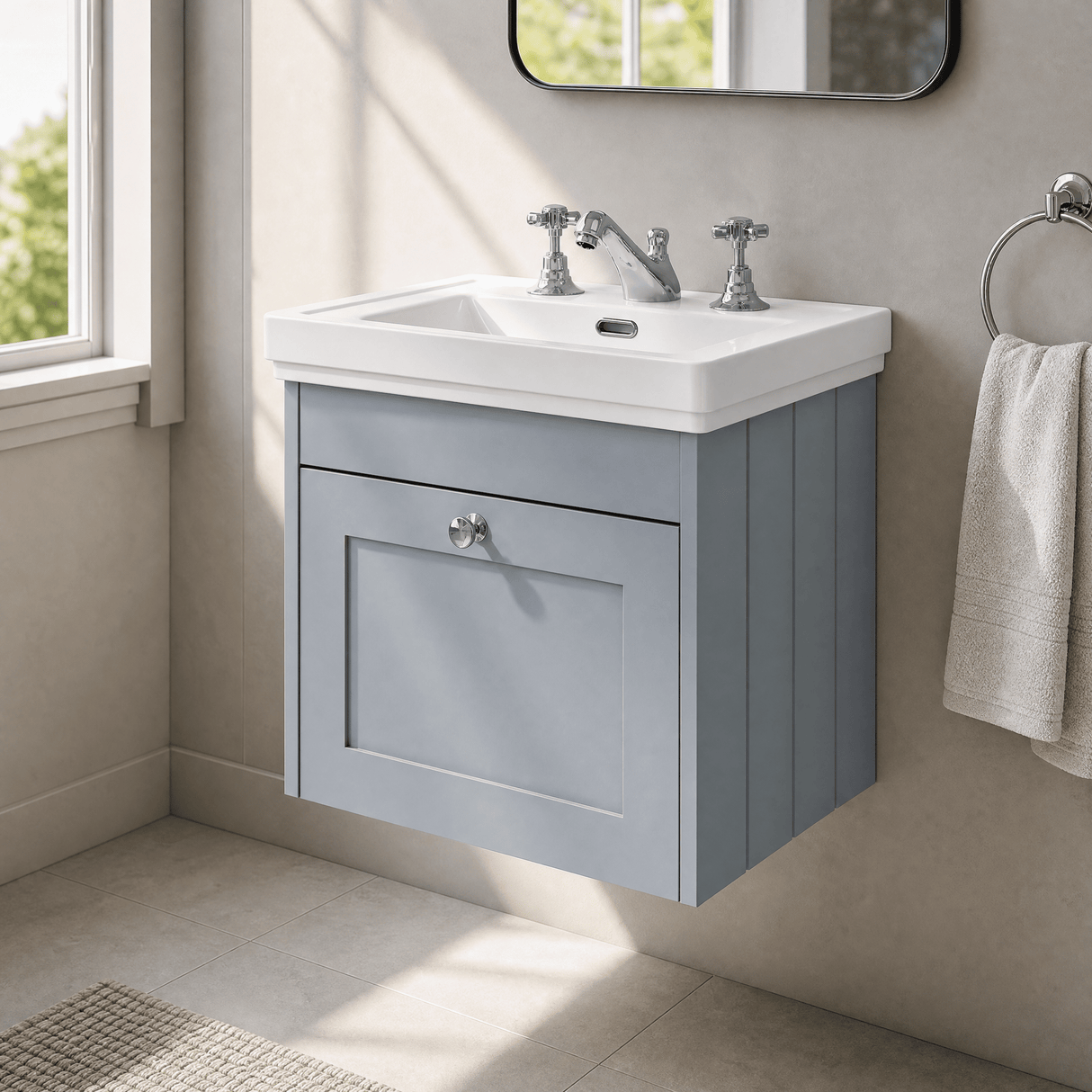 [BFHE291B] Balterley 500mm Wall Hung 1 Drawer Unit with Classic Basin 3 Tap Hole - Satin Grey - Lifestyle 3