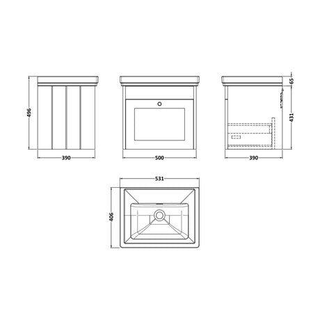 [BFHE291H] Balterley 500mm Wall Hung 1 Drawer Unit with Classic Basin No Tap Hole - Satin Grey - Technical Drawing