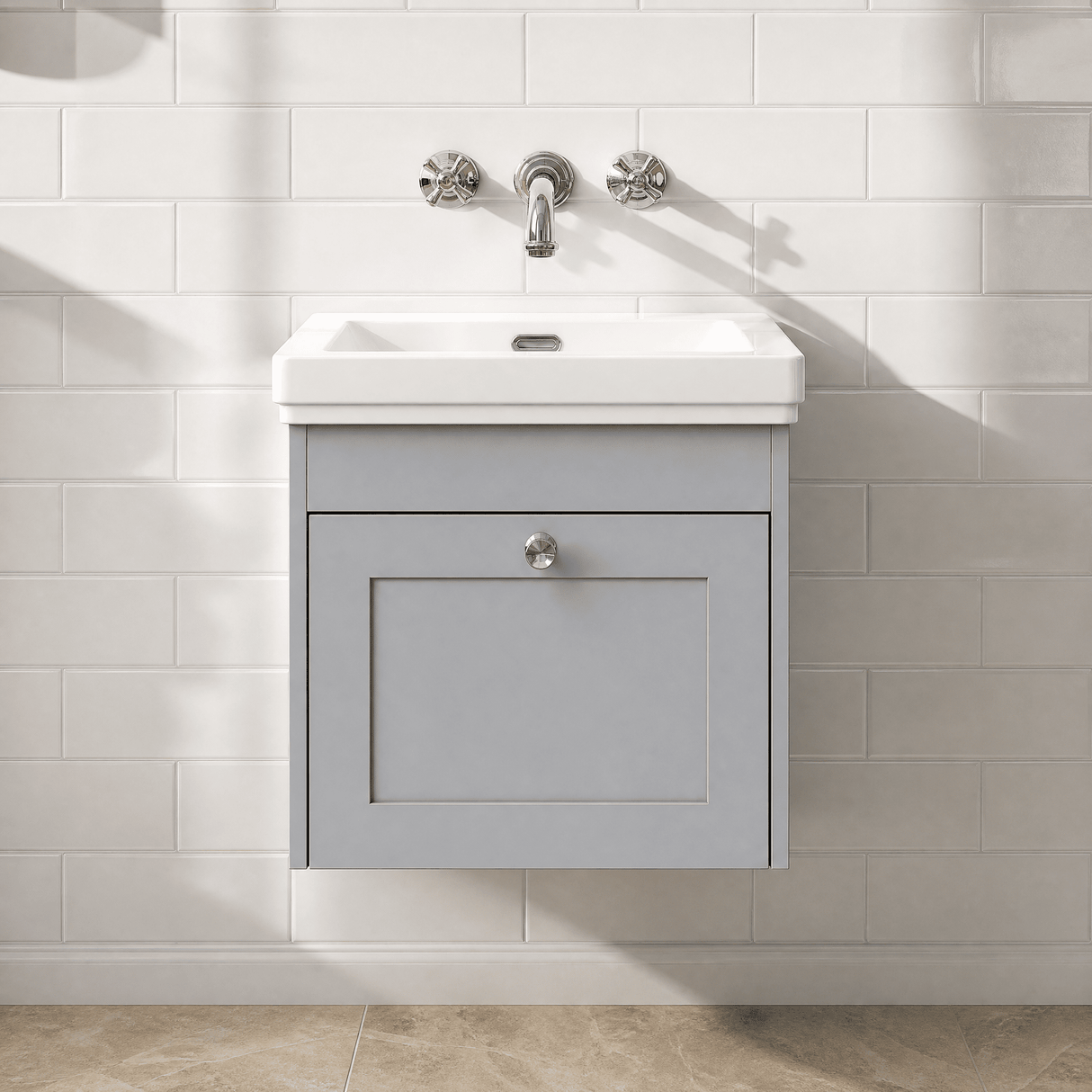 [BFHE291H] Balterley 500mm Wall Hung 1 Drawer Unit with Classic Basin No Tap Hole - Satin Grey - Lifestyle 1