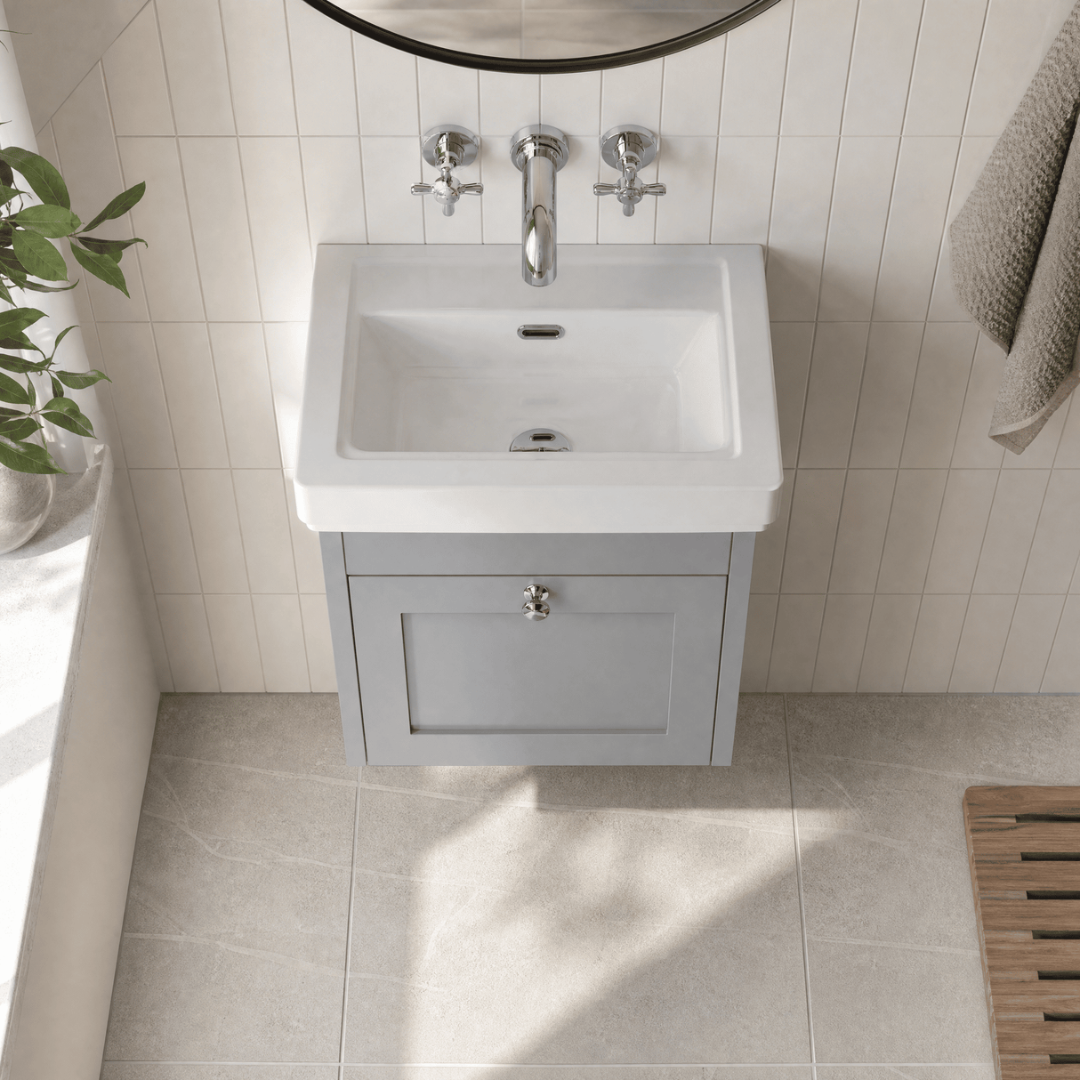 [BFHE291H] Balterley 500mm Wall Hung 1 Drawer Unit with Classic Basin No Tap Hole - Satin Grey - Lifestyle 2