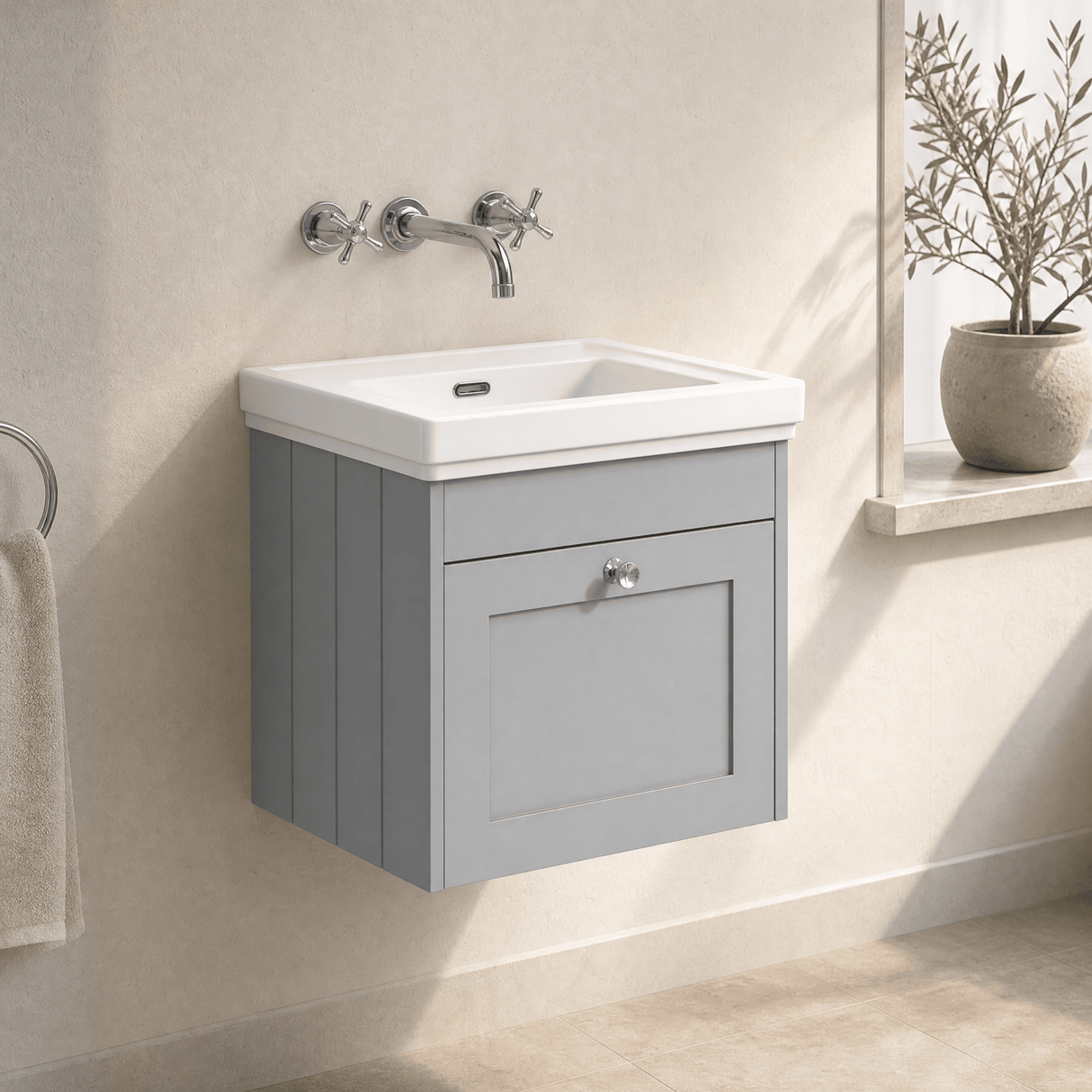 [BFHE291H] Balterley 500mm Wall Hung 1 Drawer Unit with Classic Basin No Tap Hole - Satin Grey - Lifestyle 3