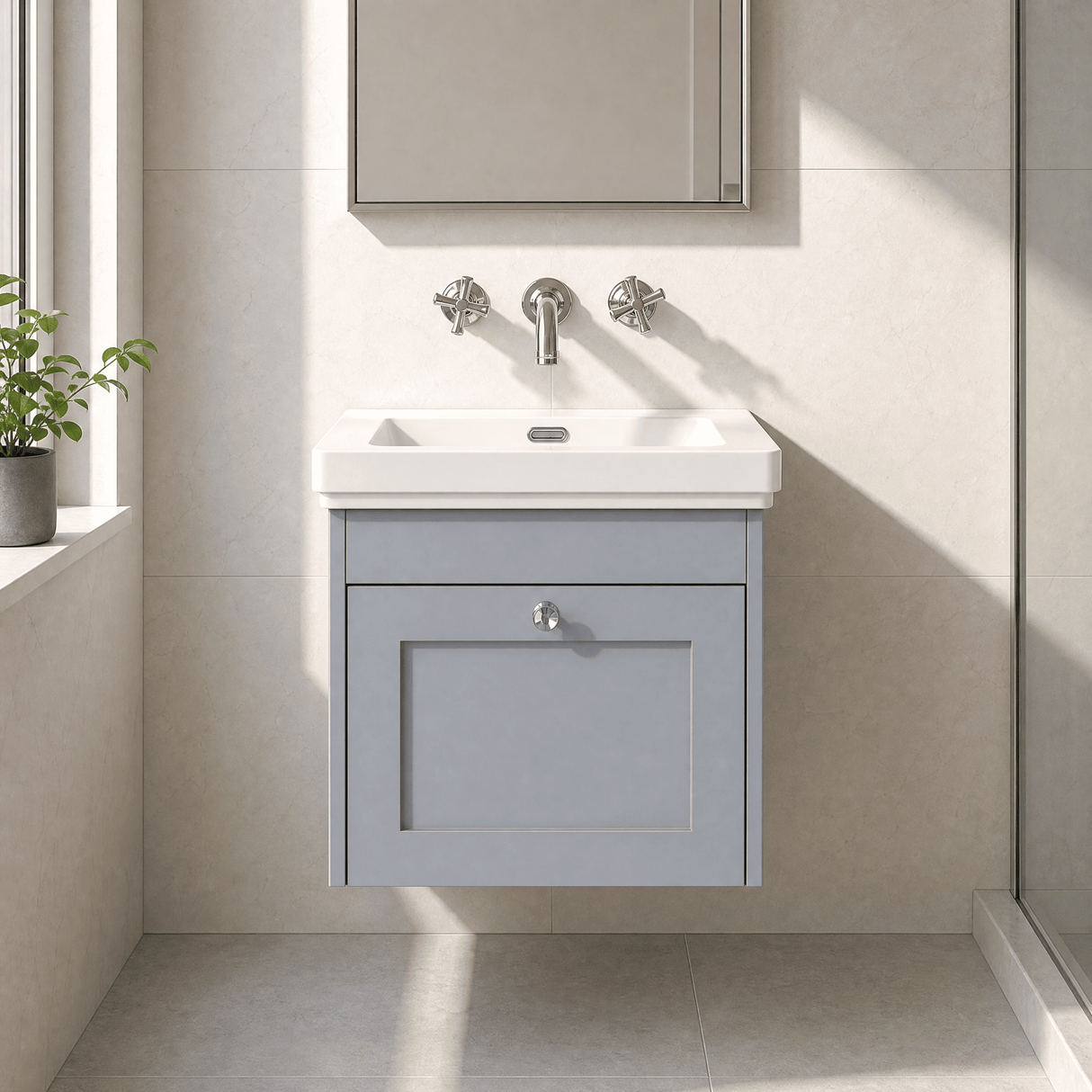 [BFHE291H] Balterley 500mm Wall Hung 1 Drawer Unit with Classic Basin No Tap Hole - Satin Grey - Silo