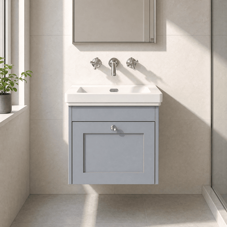 [BFHE291H] Balterley 500mm Wall Hung 1 Drawer Unit with Classic Basin No Tap Hole - Satin Grey - Silo