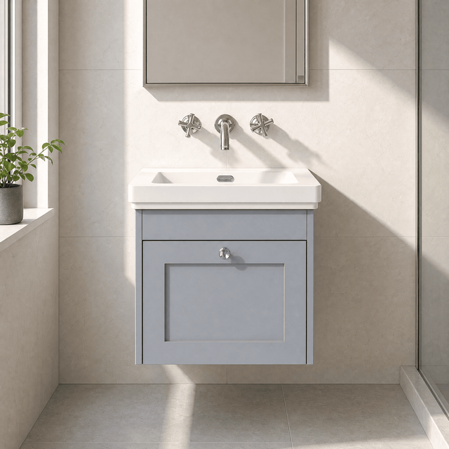 [BFHE291H] Balterley 500mm Wall Hung 1 Drawer Unit with Classic Basin No Tap Hole - Satin Grey - Silo
