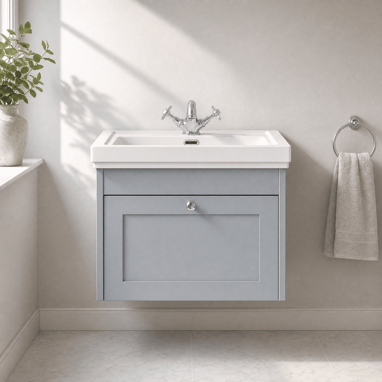 [BFHE294A] Butterton Traditional 1 Drawer Wall Hung Vanity Unit with Classic Basin, Choice of Size and Colour - Silo