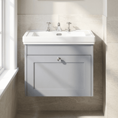 [BFHE294B] Balterley 600mm Wall Hung 1 Drawer Unit with Classic Basin 3 Tap Hole - Satin Grey - Lifestyle 1