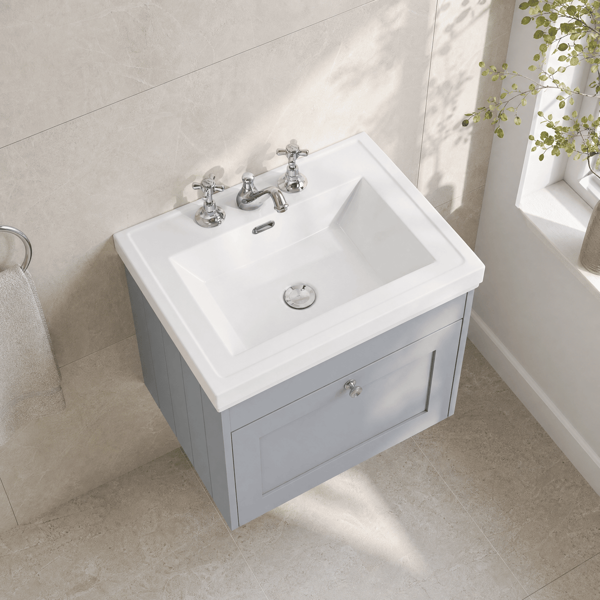 [BFHE294B] Balterley 600mm Wall Hung 1 Drawer Unit with Classic Basin 3 Tap Hole - Satin Grey - Lifestyle 2