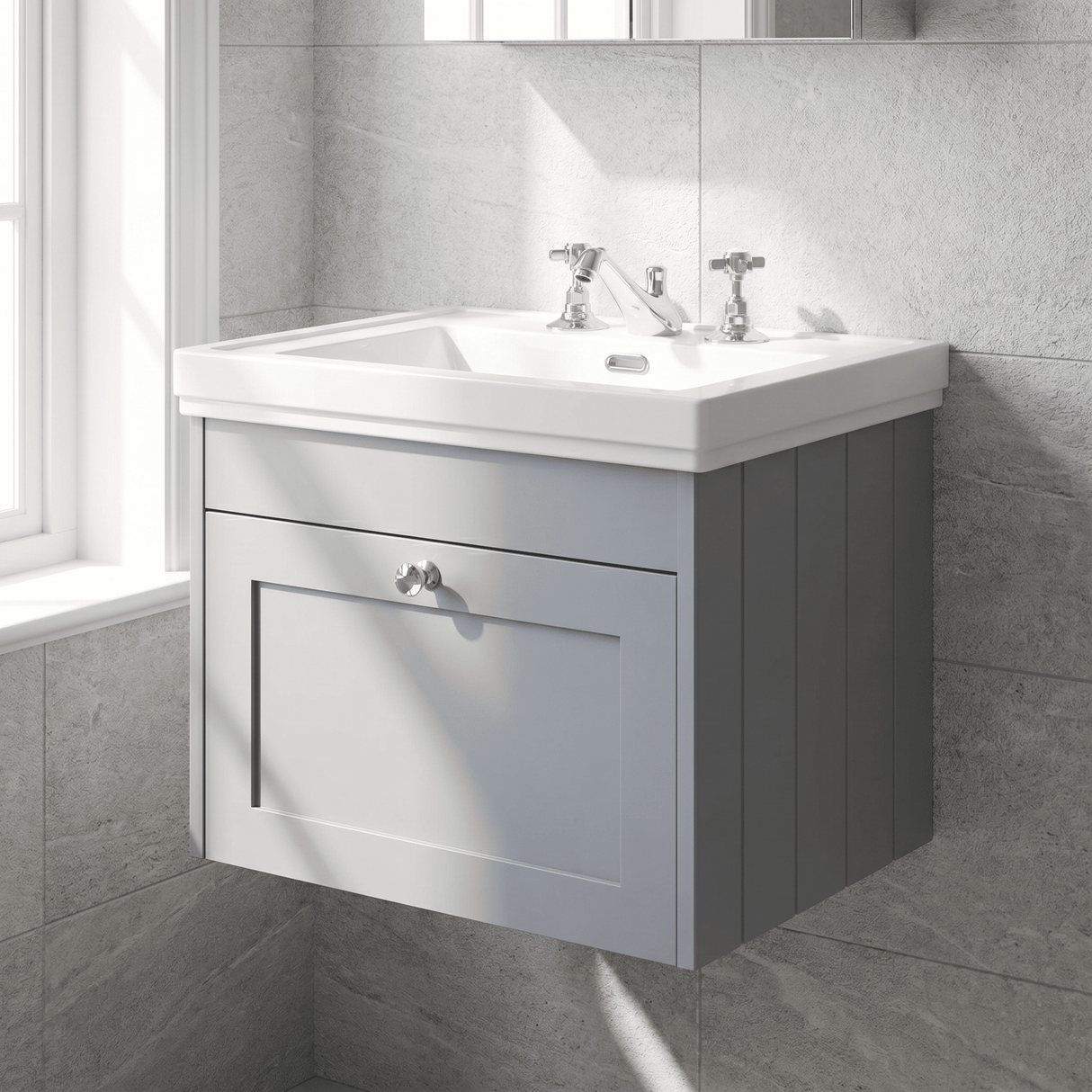 [BFHE294B] Balterley 600mm Wall Hung 1 Drawer Unit with Classic Basin 3 Tap Hole - Satin Grey - Lifestyle 3