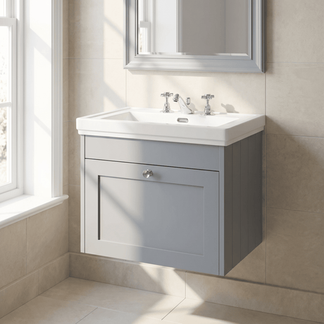 [BFHE294B] Balterley 600mm Wall Hung 1 Drawer Unit with Classic Basin 3 Tap Hole - Satin Grey - Silo