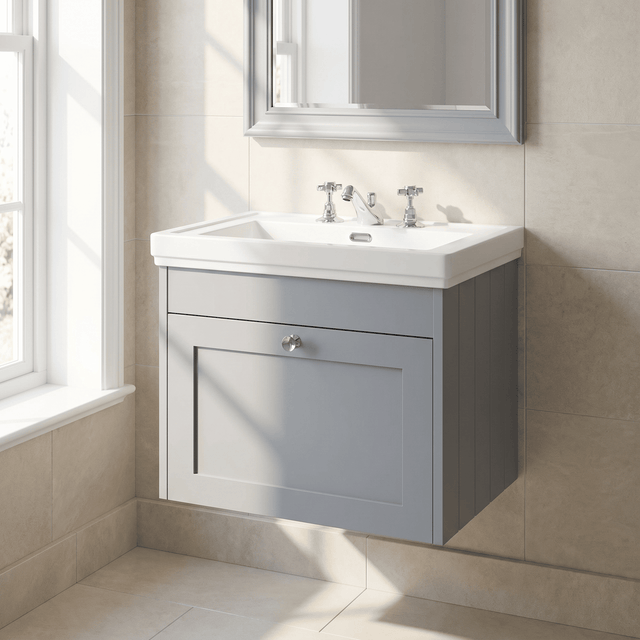 [BFHE294B] Balterley 600mm Wall Hung 1 Drawer Unit with Classic Basin 3 Tap Hole - Satin Grey - Silo