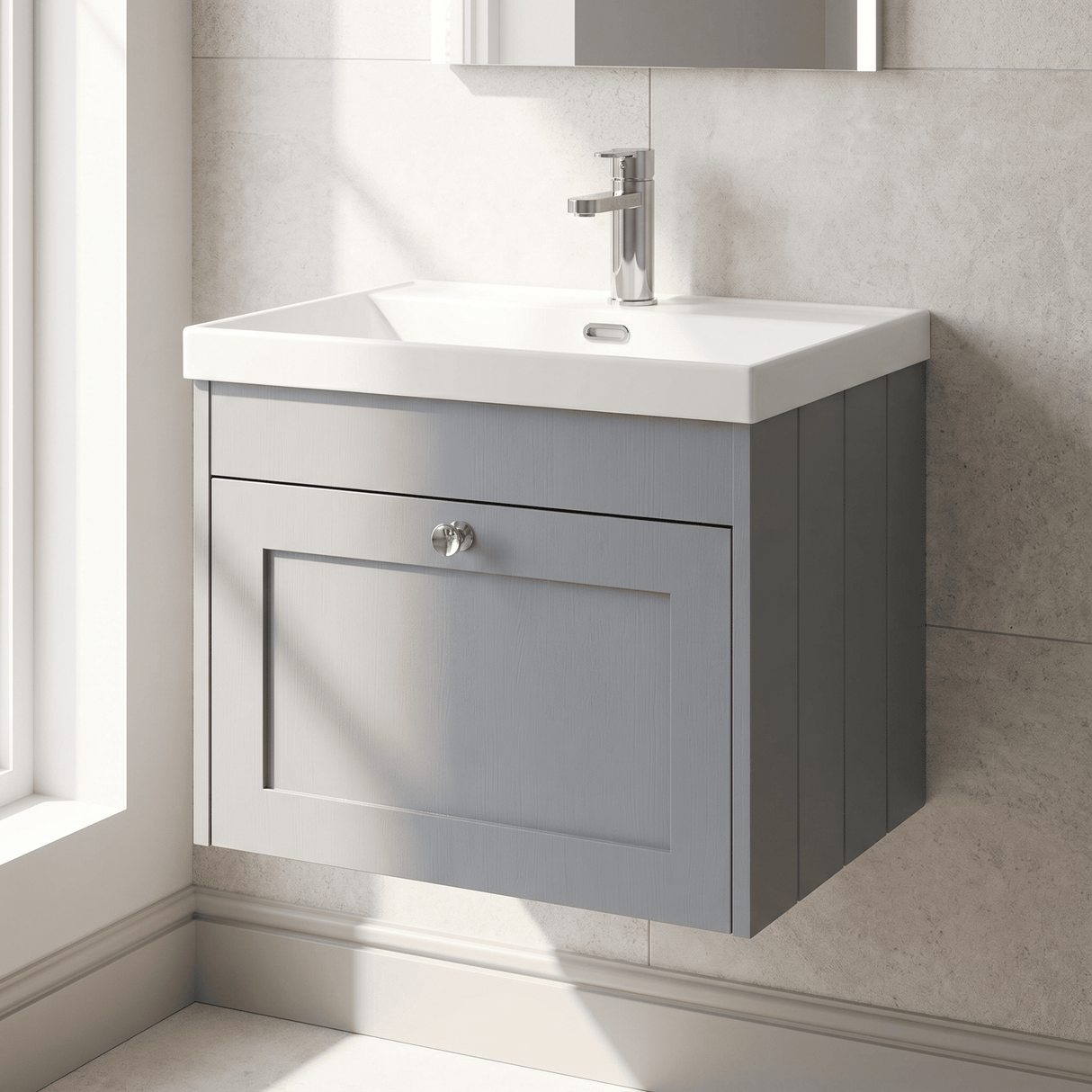 [BFHE294E] Balterley 600mm Wall Hung 1 Drawer Unit with Thin Edge Basin 1 Tap Hole - Satin Grey - Silo