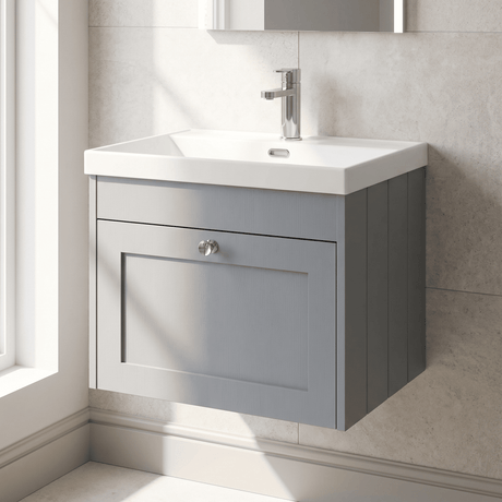 [BFHE294E] Balterley 600mm Wall Hung 1 Drawer Unit with Thin Edge Basin 1 Tap Hole - Satin Grey - Silo
