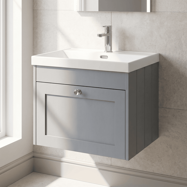 [BFHE294E] Balterley 600mm Wall Hung 1 Drawer Unit with Thin Edge Basin 1 Tap Hole - Satin Grey - Silo