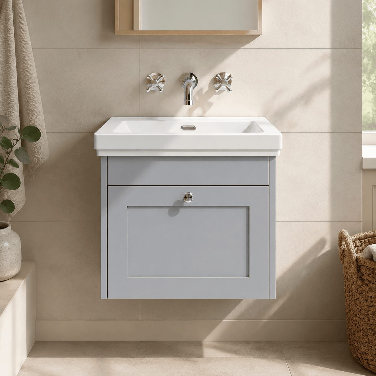 [BFHE294H] Balterley 600mm Wall Hung 1 Drawer Unit with Classic Basin No Tap Hole - Satin Grey - Lifestyle 1