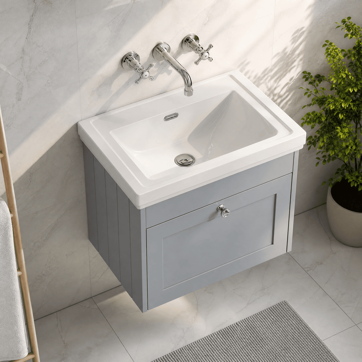 [BFHE294H] Balterley 600mm Wall Hung 1 Drawer Unit with Classic Basin No Tap Hole - Satin Grey - Lifestyle 2