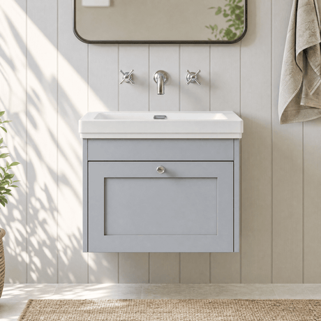 [BFHE294H] Balterley 600mm Wall Hung 1 Drawer Unit with Classic Basin No Tap Hole - Satin Grey - Silo