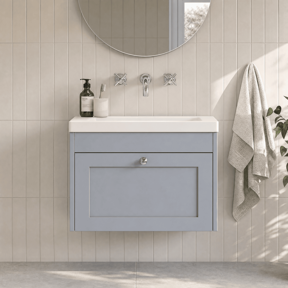 [BFHE294K] Balterley 600mm Wall Hung 1 Drawer Unit with Minimalist Basin No Tap Hole - Satin Grey - Lifestyle 1