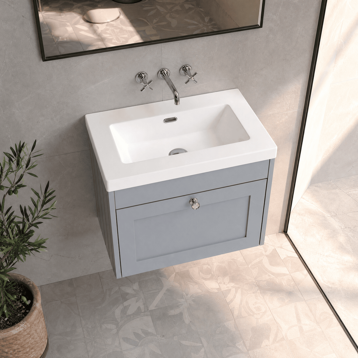[BFHE294K] Balterley 600mm Wall Hung 1 Drawer Unit with Minimalist Basin No Tap Hole - Satin Grey - Lifestyle 2