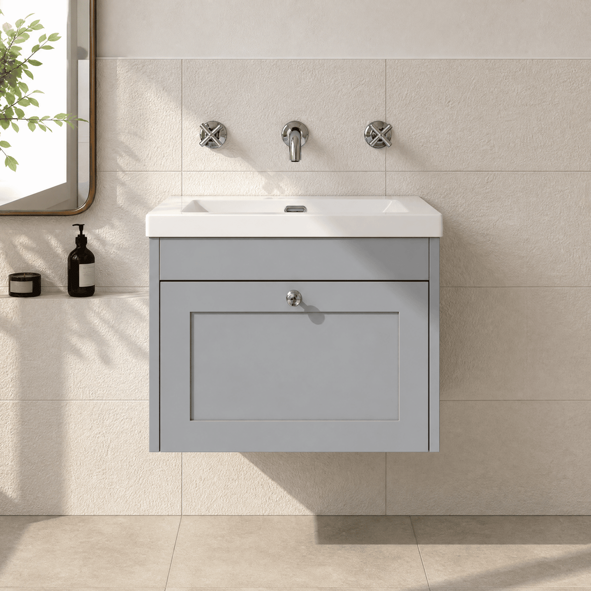 [BFHE294K] Balterley 600mm Wall Hung 1 Drawer Unit with Minimalist Basin No Tap Hole - Satin Grey - Silo