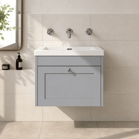 [BFHE294K] Balterley 600mm Wall Hung 1 Drawer Unit with Minimalist Basin No Tap Hole - Satin Grey - Silo