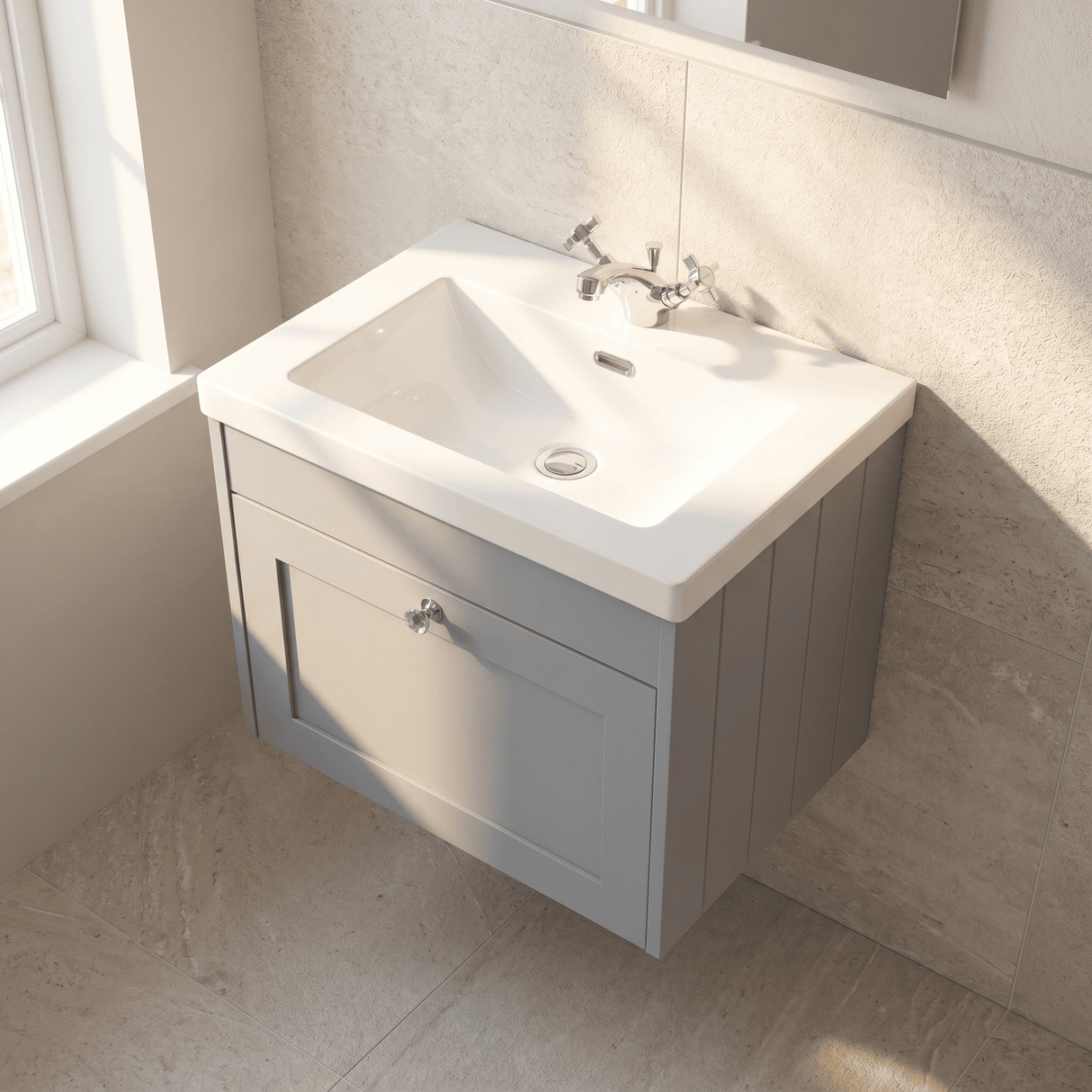 [BFHE294L] Balterley 600mm Wall Hung 1 Drawer Unit & Minimalist Basin 1 Tap Hole - Satin Grey - Lifestyle 2