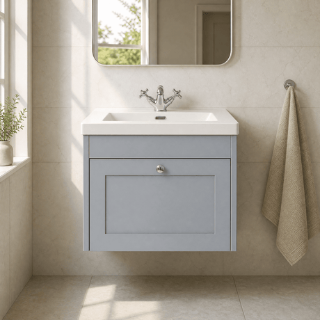 [BFHE294L] Balterley 600mm Wall Hung 1 Drawer Unit & Minimalist Basin 1 Tap Hole - Satin Grey - Silo