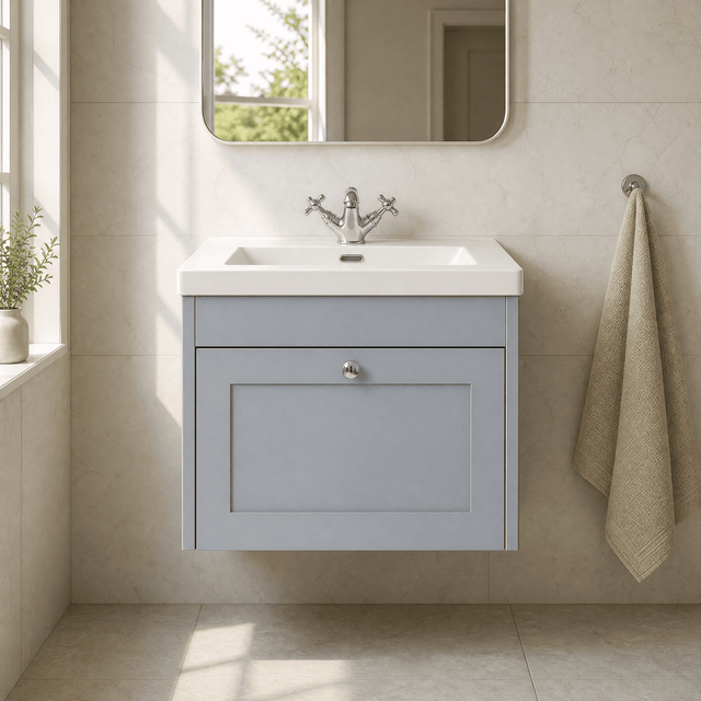 [BFHE294L] Balterley 600mm Wall Hung 1 Drawer Unit & Minimalist Basin 1 Tap Hole - Satin Grey - Silo