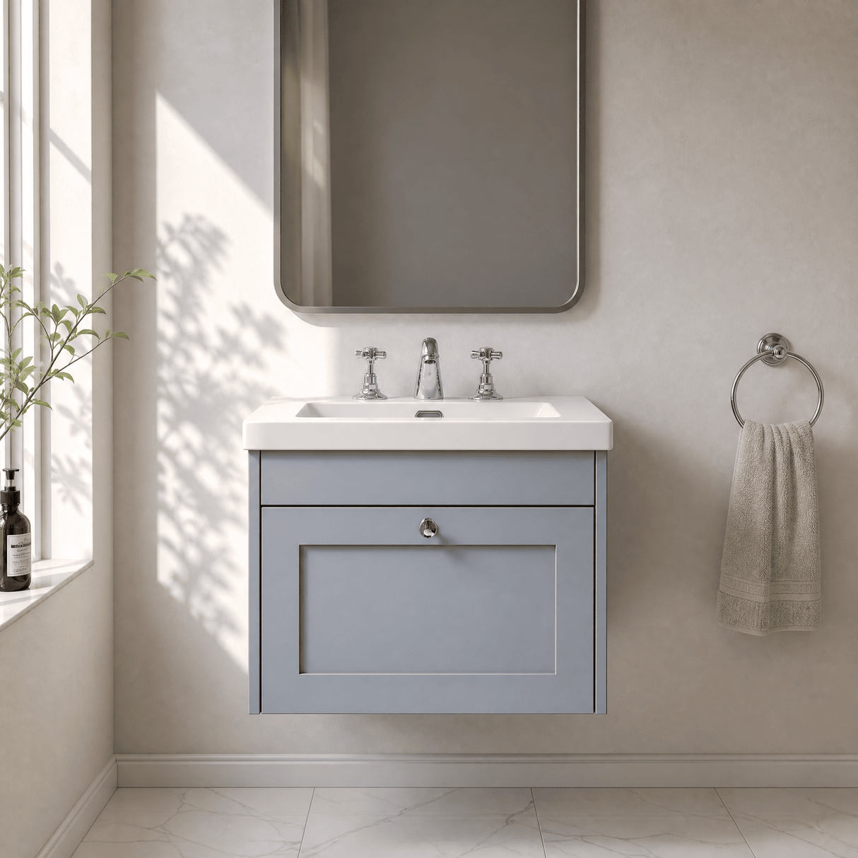 [BFHE294M] Balterley 600mm Wall Hung 1 Drawer Unit with Minimalist Basin 3 Tap Hole - Satin Grey - Lifestyle 1
