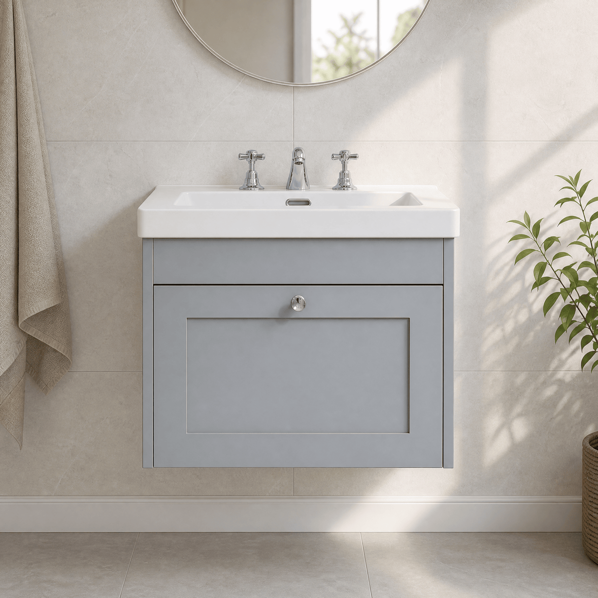 [BFHE294M] Balterley 600mm Wall Hung 1 Drawer Unit with Minimalist Basin 3 Tap Hole - Satin Grey - Silo