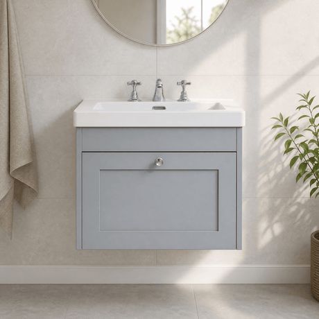 [BFHE294M] Balterley 600mm Wall Hung 1 Drawer Unit with Minimalist Basin 3 Tap Hole - Satin Grey - Silo
