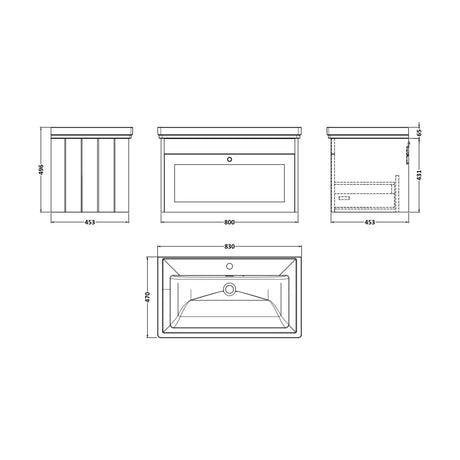 [BFHE296A] Balterley 800mm Wall Hung 1 Drawer Unit with Classic Basin 1 Tap Hole - Satin Grey - Technical Drawing