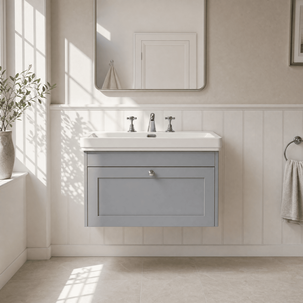 [BFHE296B] Balterley 800mm Wall Hung 1 Drawer Unit with Classic Basin 3 Tap Hole - Satin Grey - Lifestyle 1