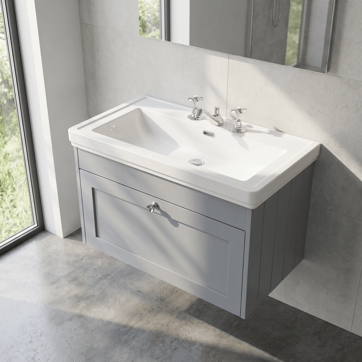 [BFHE296B] Balterley 800mm Wall Hung 1 Drawer Unit with Classic Basin 3 Tap Hole - Satin Grey - Lifestyle 2