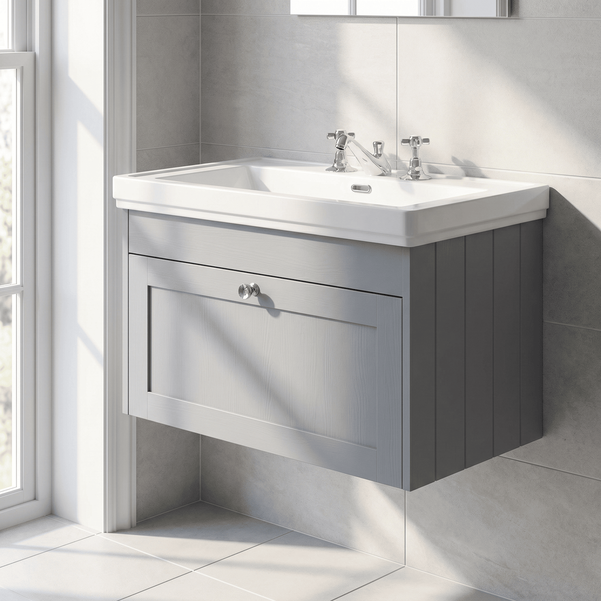 [BFHE296B] Balterley 800mm Wall Hung 1 Drawer Unit with Classic Basin 3 Tap Hole - Satin Grey - Lifestyle 3