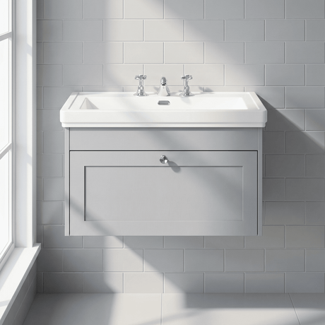 [BFHE296B] Balterley 800mm Wall Hung 1 Drawer Unit with Classic Basin 3 Tap Hole - Satin Grey - Silo