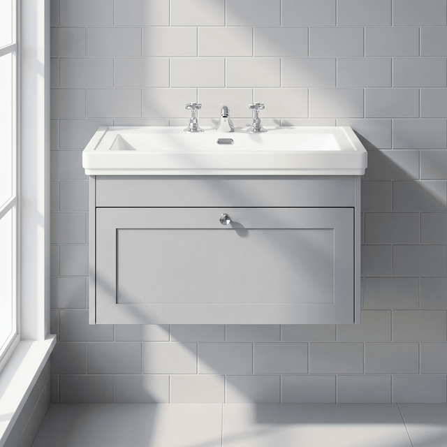 [BFHE296B] Balterley 800mm Wall Hung 1 Drawer Unit with Classic Basin 3 Tap Hole - Satin Grey - Silo