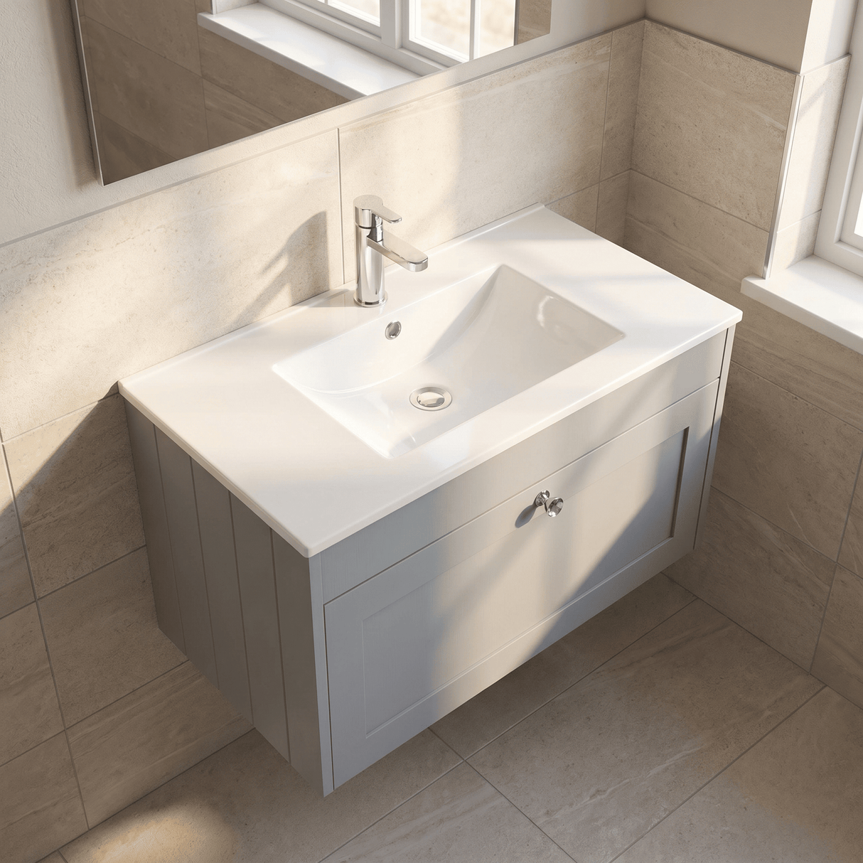 [BFHE296C] Balterley 800mm Wall Hung 1 Drawer Unit with Minimalist Basin 1 Tap Hole - Satin Grey - Lifestyle 2