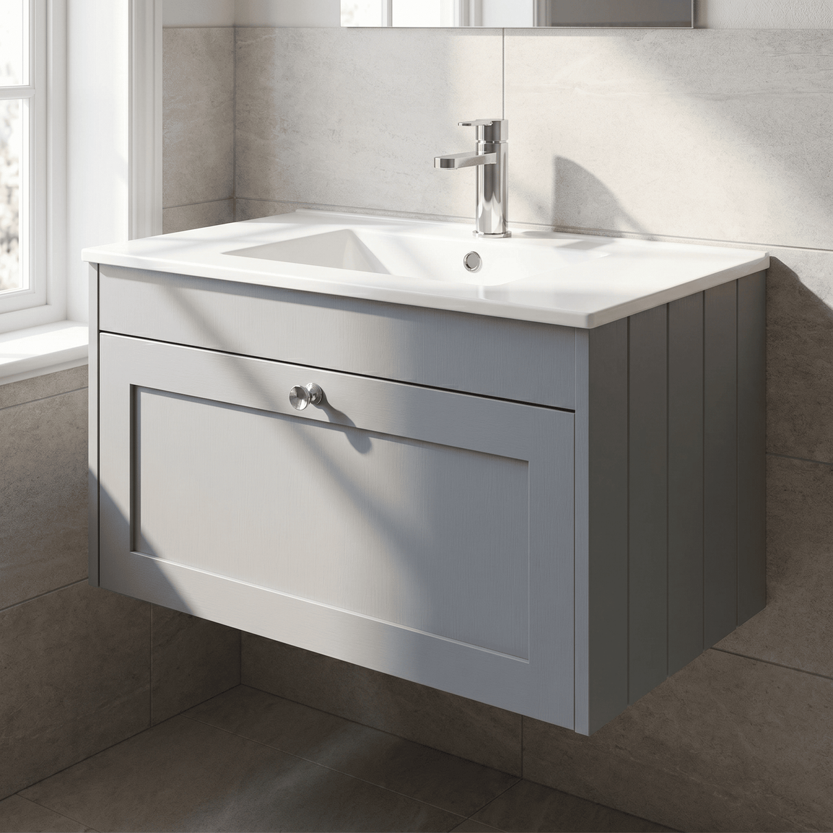 [BFHE296C] Balterley 800mm Wall Hung 1 Drawer Unit with Minimalist Basin 1 Tap Hole - Satin Grey - Lifestyle 3
