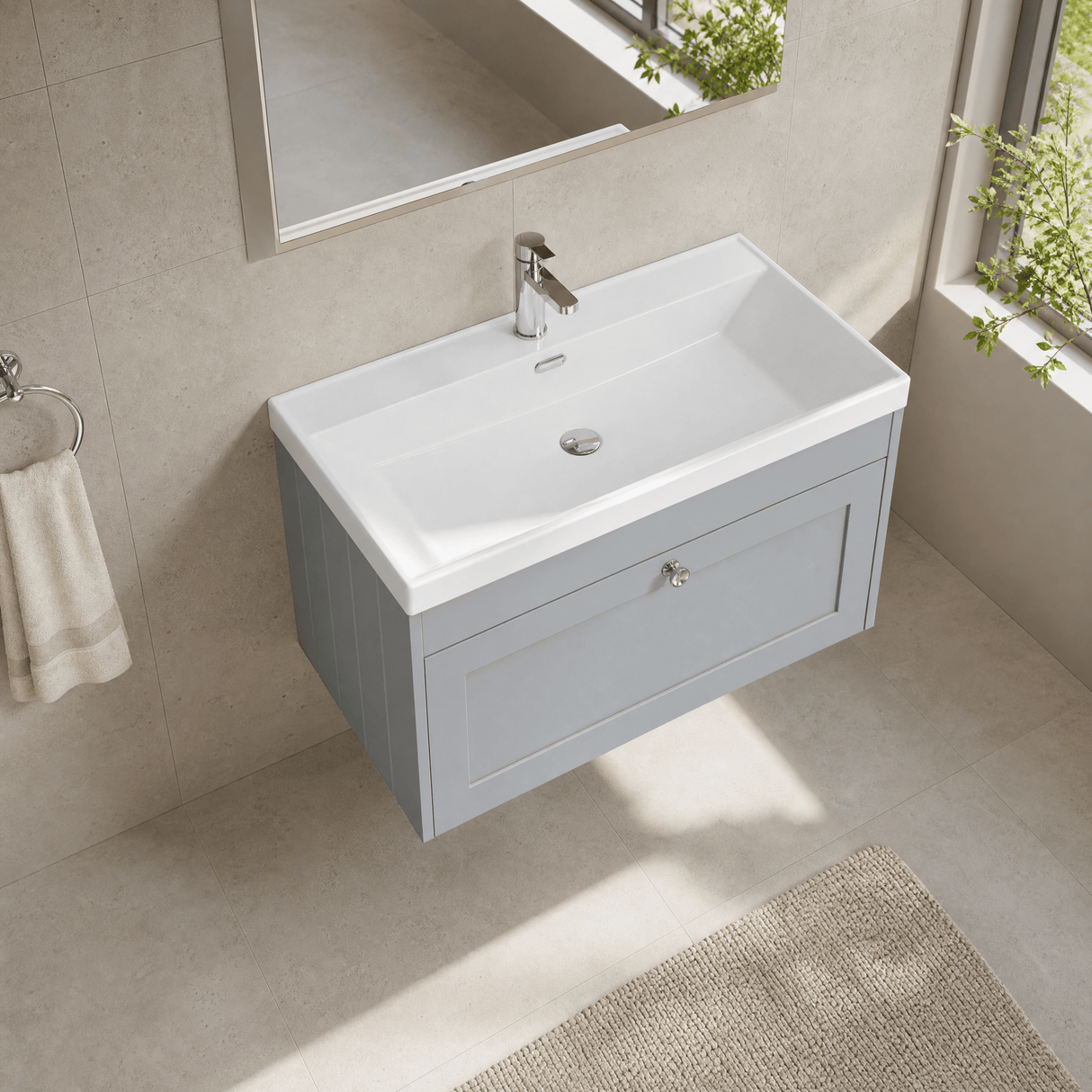 [BFHE296E] Balterley 800mm Wall Hung 1 Drawer Unit with Thin Edge Basin 1 Tap Hole - Satin Grey - Lifestyle 2