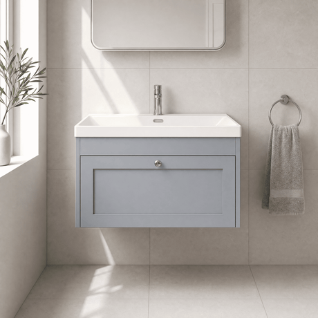 [BFHE296E] Balterley 800mm Wall Hung 1 Drawer Unit with Thin Edge Basin 1 Tap Hole - Satin Grey - Silo