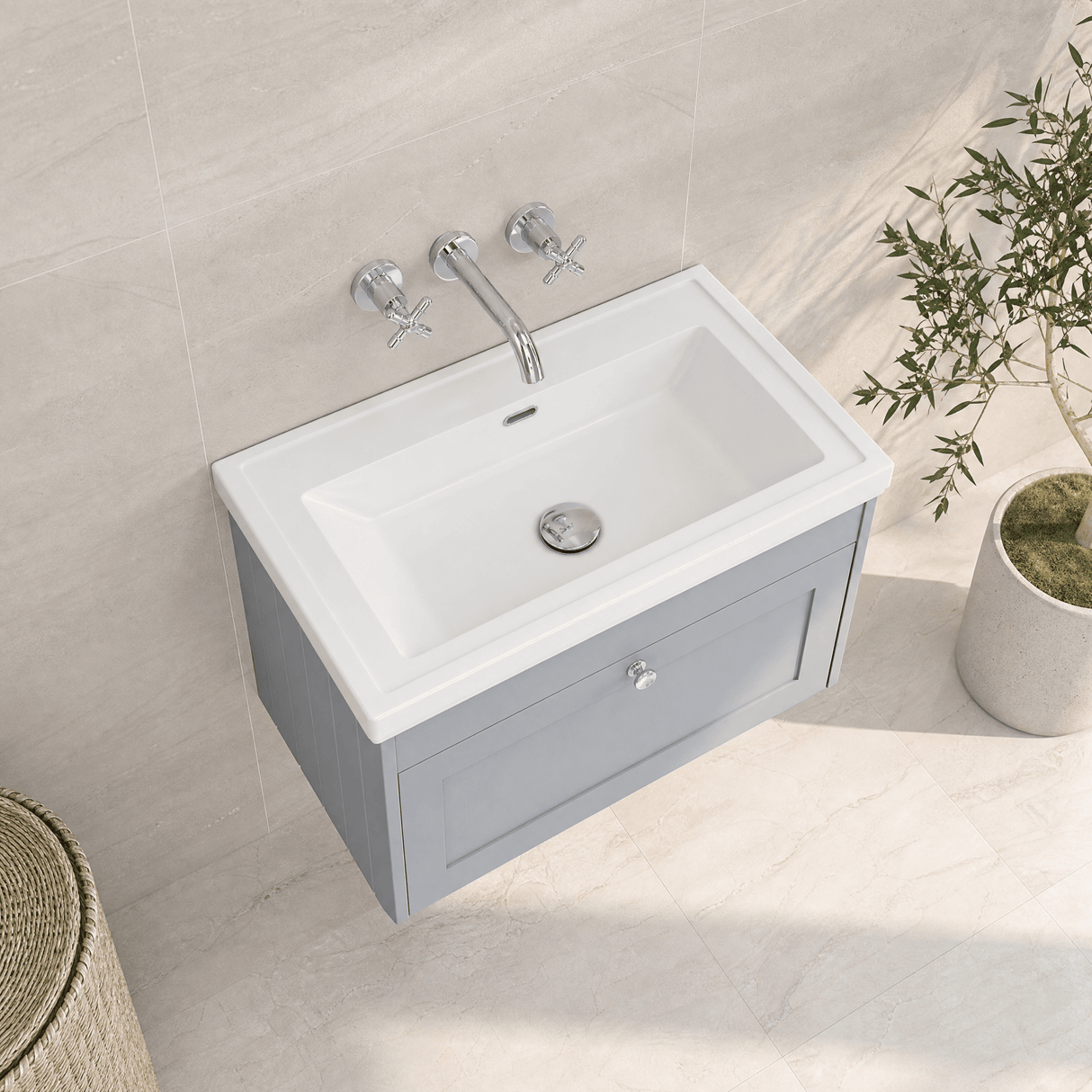 [BFHE296H] Balterley 800mm Wall Hung 1 Drawer Unit with Classic Basin No Tap Hole - Satin Grey - Lifestyle 2