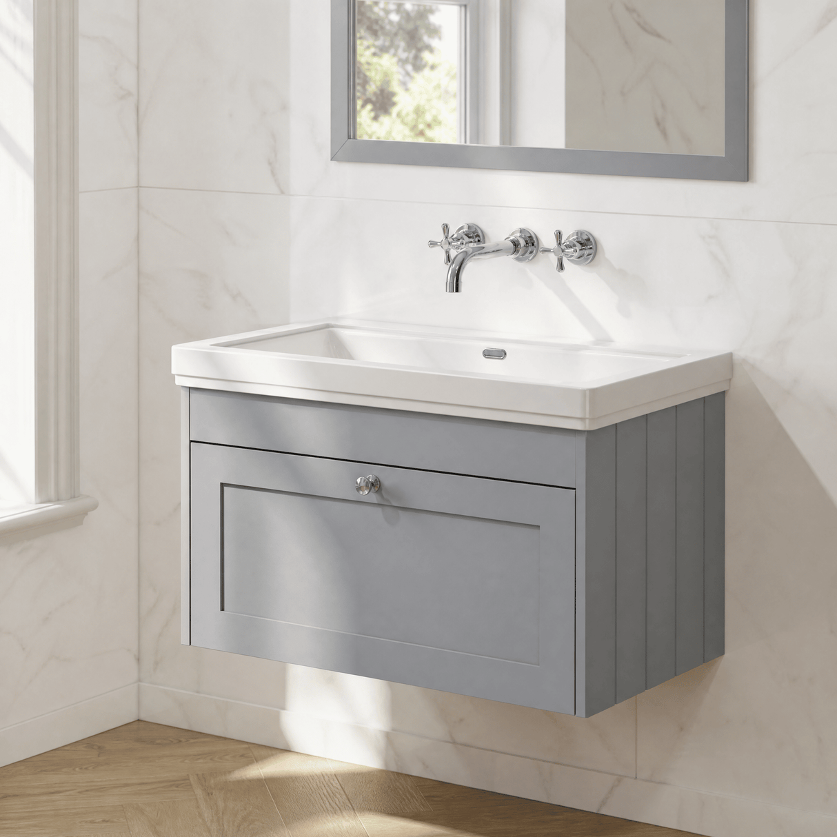 [BFHE296H] Balterley 800mm Wall Hung 1 Drawer Unit with Classic Basin No Tap Hole - Satin Grey - Lifestyle 3