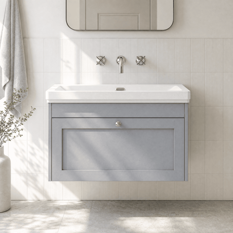 [BFHE296H] Balterley 800mm Wall Hung 1 Drawer Unit with Classic Basin No Tap Hole - Satin Grey - Silo