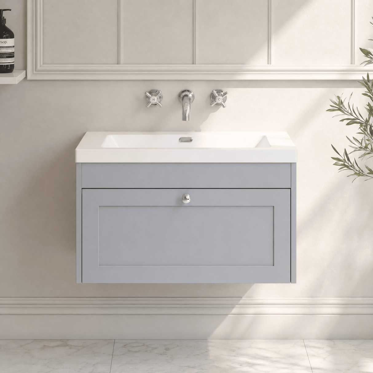 [BFHE296K] Balterley 800mm Wall Hung 1 Drawer Unit with Minimalist Basin No Tap Hole - Satin Grey - Lifestyle 1