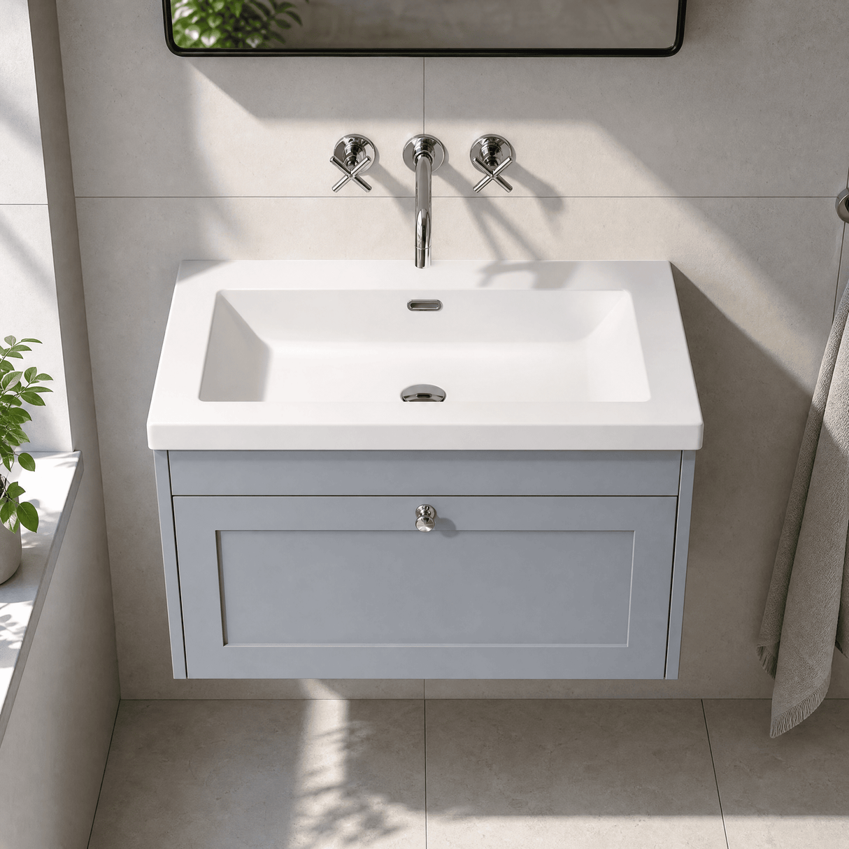 [BFHE296K] Balterley 800mm Wall Hung 1 Drawer Unit with Minimalist Basin No Tap Hole - Satin Grey - Lifestyle 2