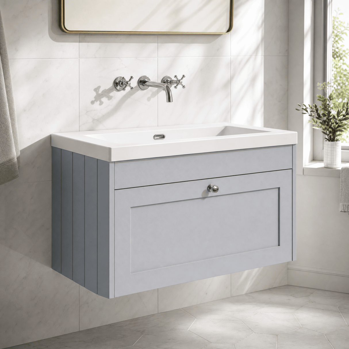 [BFHE296K] Balterley 800mm Wall Hung 1 Drawer Unit with Minimalist Basin No Tap Hole - Satin Grey - Lifestyle 3