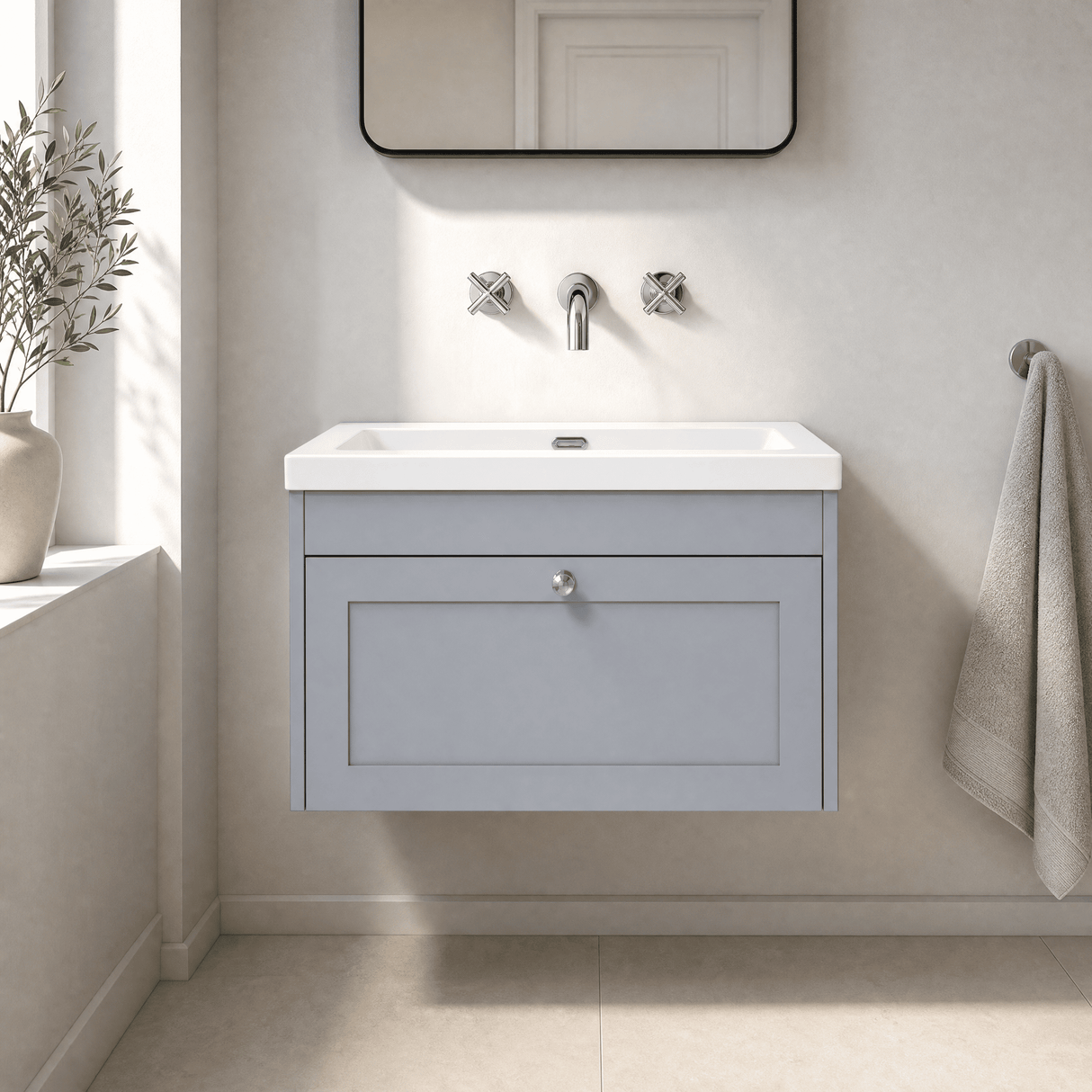 [BFHE296K] Balterley 800mm Wall Hung 1 Drawer Unit with Minimalist Basin No Tap Hole - Satin Grey - Silo