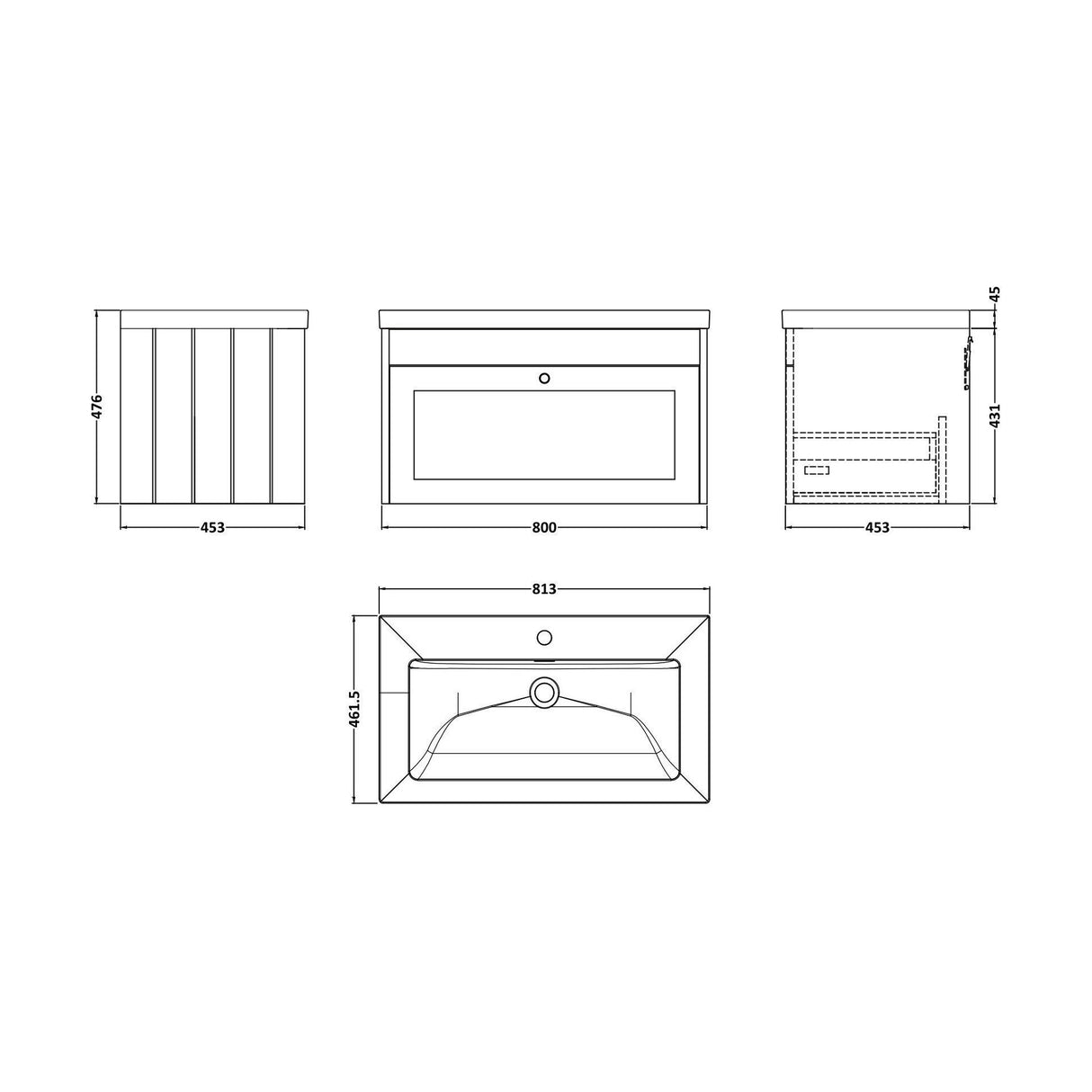 [BFHE296L] Balterley 800mm Wall Hung 1 Drawer Unit & Minimalist Basin 1 Tap Hole - Satin Grey - Technical Drawing